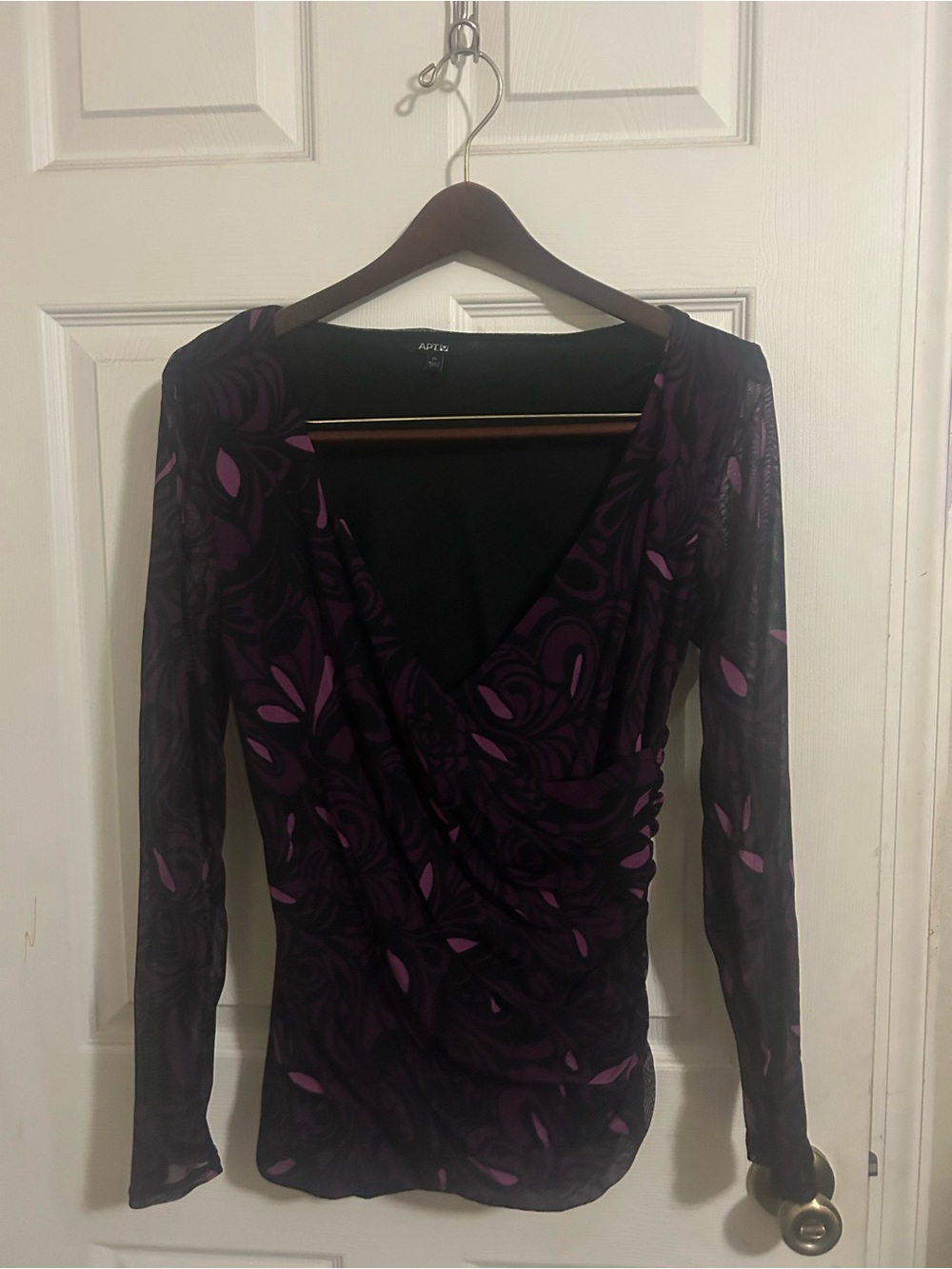 Apt. 9 Black and Purple Printed Wrap-Style Blouse